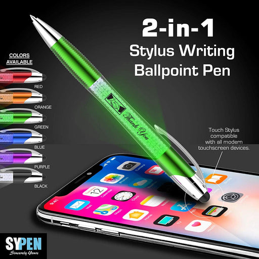 Free Personalization Stylus Pens Bulk-Pen Lights up a Thank You Message- 3 in 1 Stylus+ Ballpoint Pen Barrel Filled with Crystals-Compatible with Most Phones and Touch Screen Devices, 12 Pack