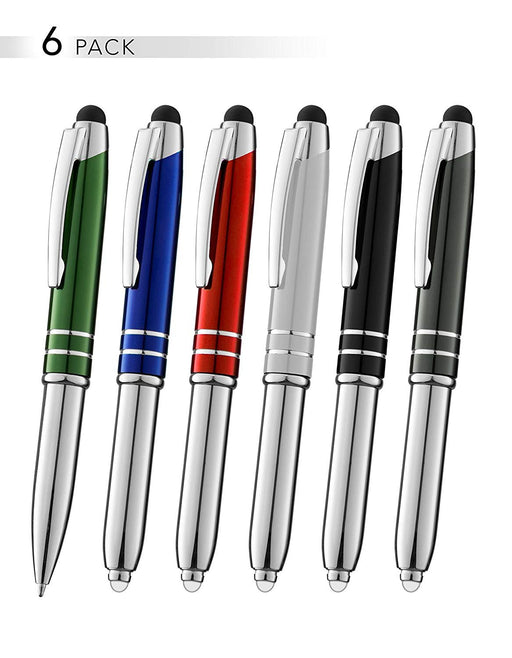 SyPen Stylus Pen for Touchscreen Devices, Tablets, iPads, iPhones, Multi-Function Capacitive Pen with LED Flashlight, Ballpoint Ink Pen, 3-in-1 Metal Pen, 6PK, Gunmetal