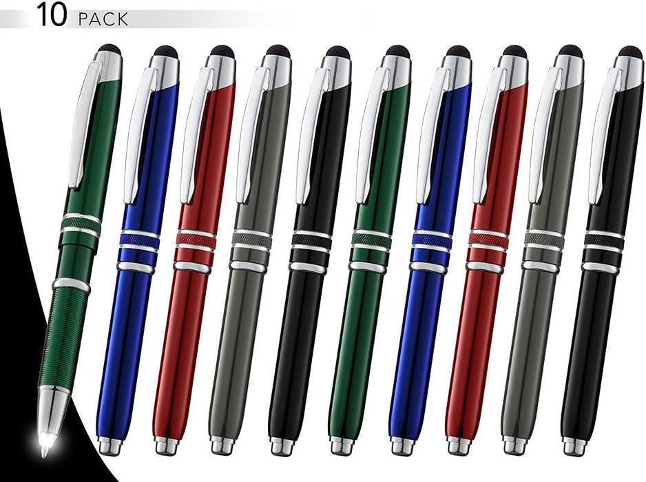 3-in-1 Multi-Function Metal Pen Stylus Capacitive Pen for Touchscreen Devices Tablets,iPads,iPhones,with LED Night Writer Dark Writing Flashlight,Ballpoint Pen (10 Pack,Red+Black+Blue+Green+Gunmetal)