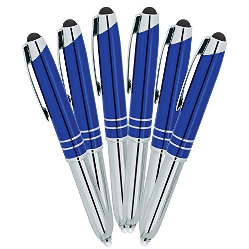 SyPen Stylus Pen for Touchscreen Devices, Tablets, iPads, iPhones, Multi-Function Capacitive Pen With LED Flashlight, Ballpoint Blue Ink Pen, 3-In-1 Metal Pen, 6PK, Blue Ink