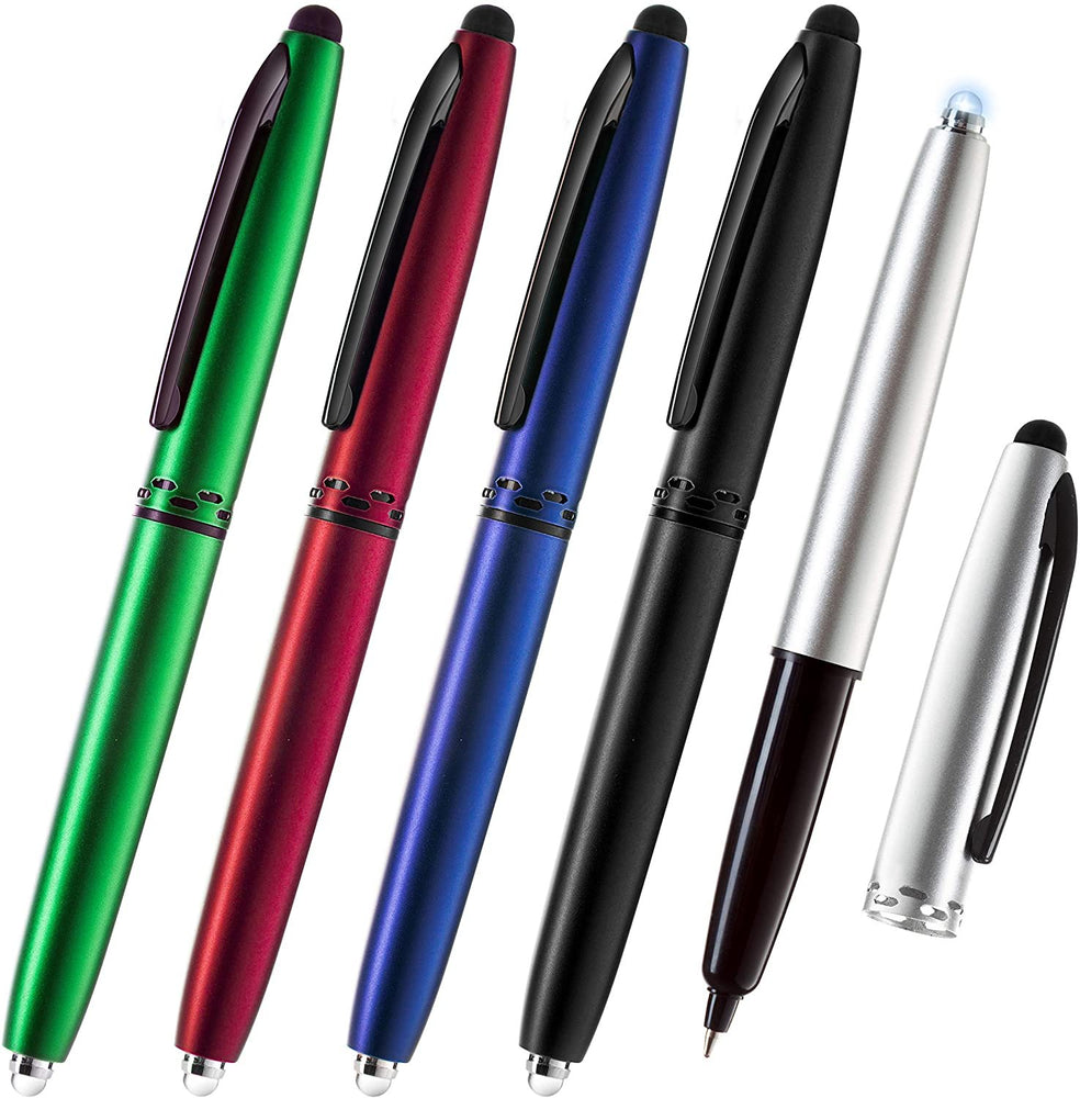 Stylus Pen- Capacitive Stylus, 3-in-1 Metal Pen, Multi-Function,Ballpoint Ink Pen,with LED Flashlight, for Touchscreen Devices, Tablets, iPads, iPhones, 5PK