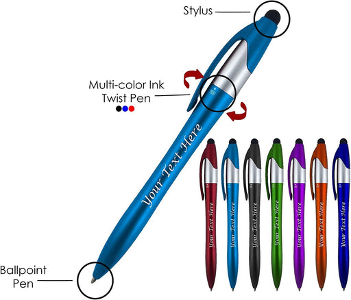 Personalized With Custom Logo or Text Pens-Pack of 400- for Marketing, Parties, and Events, Each Pen is a 3 Color Ink Ballpoint Pen (Black, Blue, Red) + Stylus for Touchscreen Devices, Red Pens