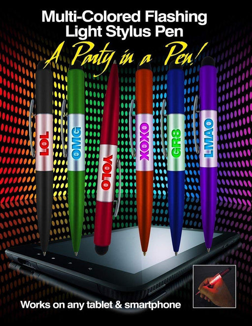 Party Favor Gifts Flashing Light-Up LED Blinking Lights Stylus Novelty Ballpoint Pens with Abbreviations (LOL, OMG, YOLO, GR8, LMAO, XOXO - 6 Pack)