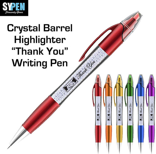 Thank You Greeting Gift Highlighter Pens- 2 in 1 Highlighter+ Ballpoint Pen barrel with crystals-, Multicolor 12 Pack