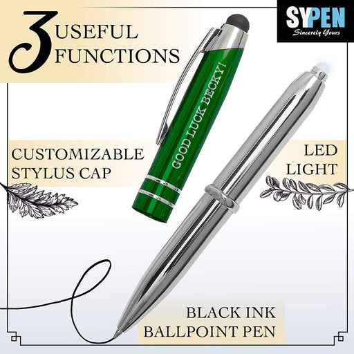 Green Custom Pen Stylus - Personalize and Customize Gifts and Branding with Free Laser Engraving - Multifunction Ballpoint Pen, Flashlight and Stylus for Tablets and Touchscreens – by SyPen