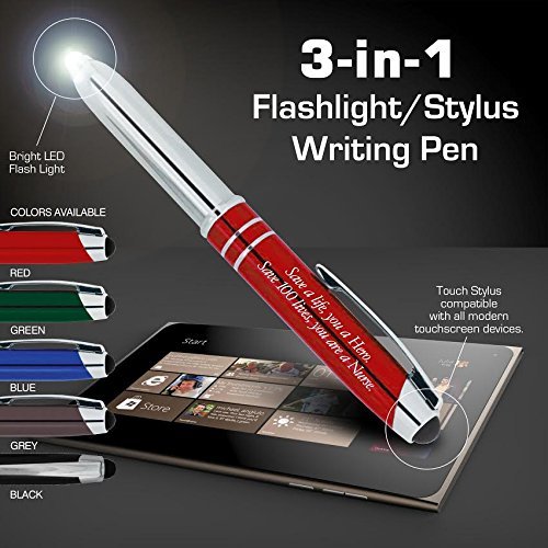 Nurse Gift Pen 3-In-1 Pen,Stylus,and Led light With Engraved Inspirational Quote “Save a Life, You are a Hero, Save 100 Lives You are a Nurse” Black - By SyPen