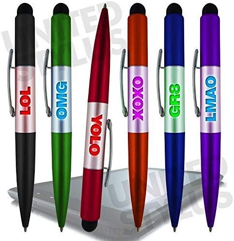 Party Favor Gifts Flashing Light-Up LED Blinking Lights Stylus Novelty Ballpoint Pens with Abbreviations (LOL, OMG, YOLO, GR8, LMAO, XOXO - 6 Pack)