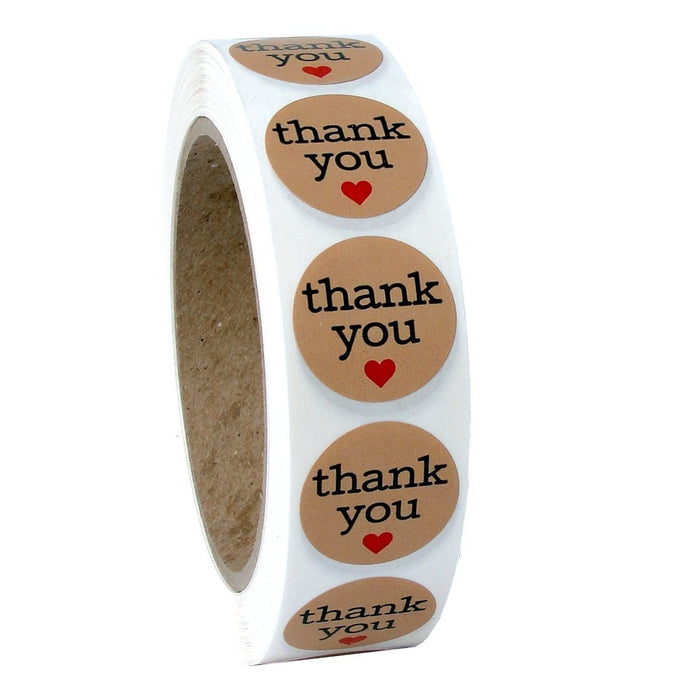 Thank You 1" Inch Roll Love Heart Shaped adhesive Sticker Labels,Natural Paper Kraft, 1000 Stickers