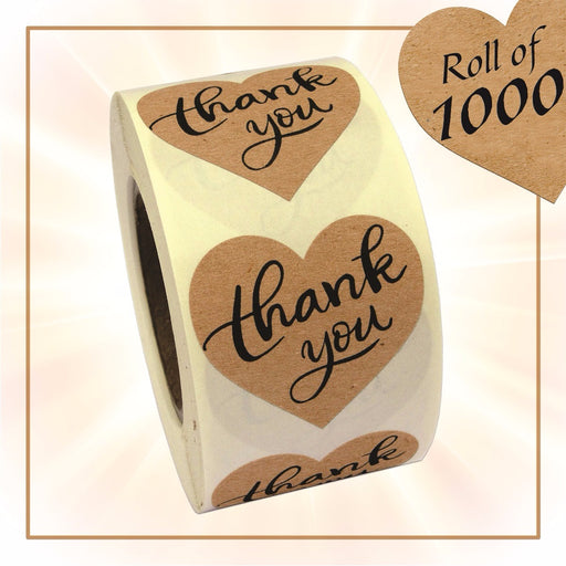 Thank You 1.5" Inch Roll Love Heart Shaped adhesive Sticker Labels,Natural Paper Kraft, 1000 Stickers