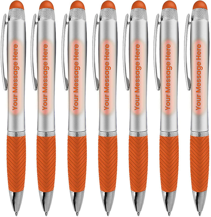 Customized Pens Bulk Free Laser Engraving - 3 In Ballpoint Pen, Stylus and Light Up Personalized Area - Custom Name, Logo or Gift Message -14 Pack Black with White Light - By Sypen