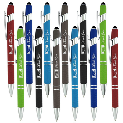 Thank You Soft Touch Greeting Gift Stylus Pens for Touchscreen Devices - 2 in 1 Multifunction Pen - Compatible with Tablets, iPads, iPhones Multicolor 12 Pack