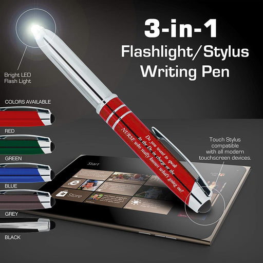 Nurse Gift Pen With Engraved Messaged - 3-In-1 Metal Ballpoint Pen, Tablet and Phone Stylus, And LED Flashlight - Black - By SyPen