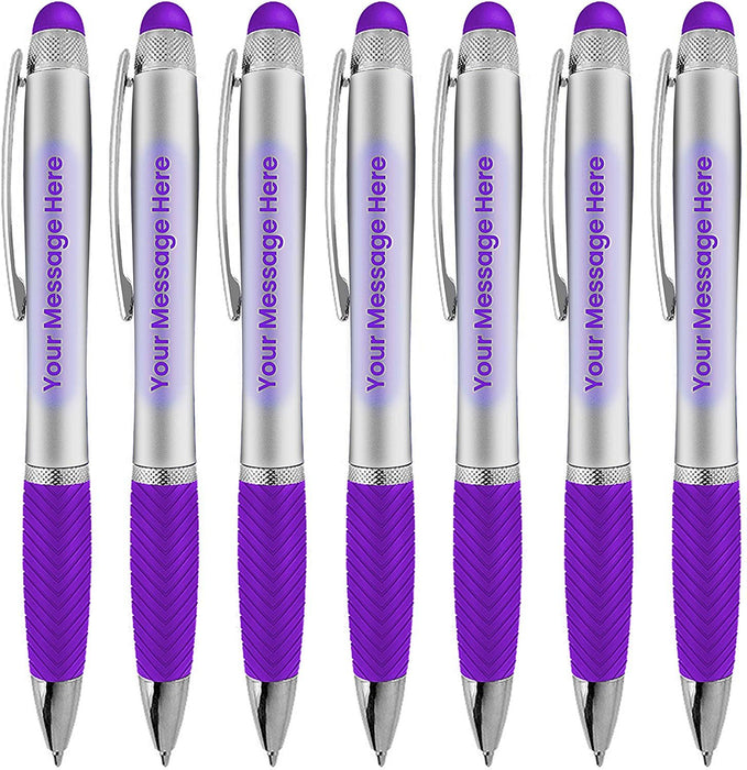 Customized Pens Bulk Free Laser Engraving - 3 In Ballpoint Pen, Stylus and Light Up Personalized Area - Custom Name, Logo or Gift Message -14 Pack Black with White Light - By Sypen