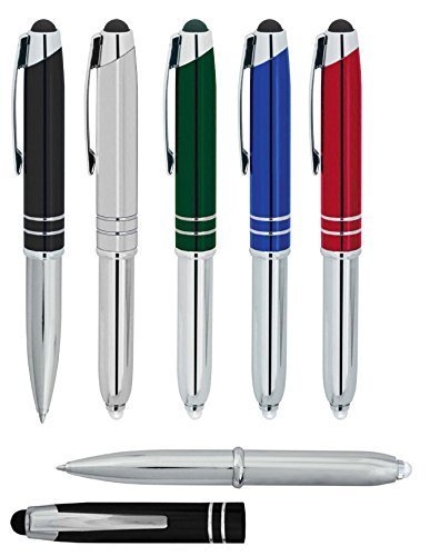 SyPen Stylus Pen for Touchscreen Devices, Tablets, iPads, iPhones, Multi-Function Capacitive Pen with LED Flashlight, Ballpoint Ink Pen, 3-in-1 Metal Pen, 6PK, Gunmetal