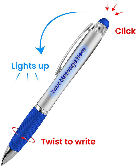 Customized Pens Bulk Free Laser Engraving - 3 In Ballpoint Pen, Stylus and Light Up Personalized Area - Custom Name, Logo or Gift Message -14 Pack Black with White Light - By Sypen