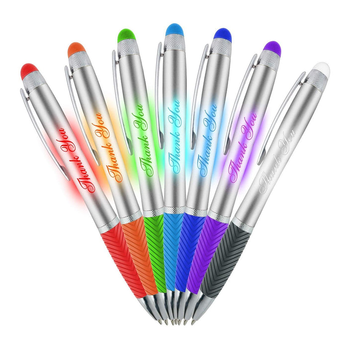 Customized Pens Bulk Free Laser Engraving - 3 In Ballpoint Pen, Stylus and Light Up Personalized Area - Custom Name, Logo or Gift Message -14 Pack Black with White Light - By Sypen