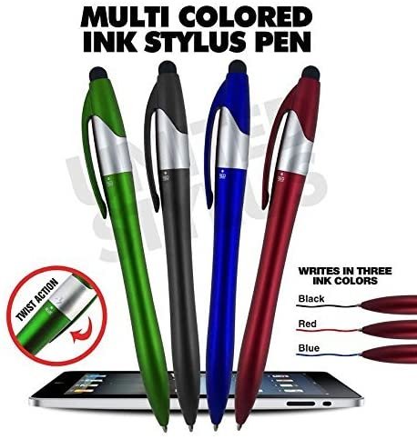 3 Color ink Ballpoint Pens and Stylus for Universal Touch screen Devices, Each pen writes in 3-Colors Ink(Black,Red,Blue) Pen Barrel colors,Red,Green, Blue, Orange,Lt. Blue and Black, By SyPen (12 Pack)