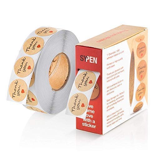 Thank You 1" Inch Roll Round Adhesive Sticker Labels with Red Love Hearts, Natural Paper Kraft, 1000 Stickers