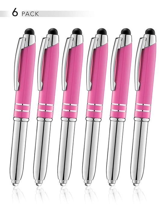 SyPen Stylus Pen for Touchscreen Devices, Tablets, iPads, iPhones, Multi-Function Capacitive Pen with LED Flashlight, Ballpoint Ink Pen, 3-in-1 Metal Pen, 6PK, Gunmetal