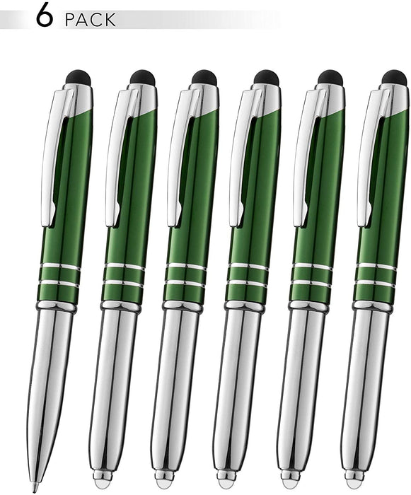 SyPen Stylus Pen for Touchscreen Devices, Tablets, iPads, iPhones, Multi-Function Capacitive Pen with LED Flashlight, Ballpoint Ink Pen, 3-in-1 Metal Pen, 6PK, Gunmetal