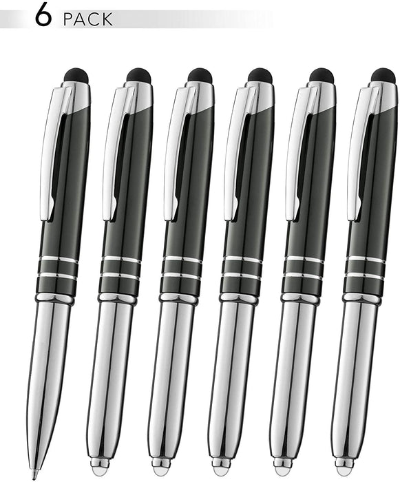 SyPen Stylus Pen for Touchscreen Devices, Tablets, iPads, iPhones, Multi-Function Capacitive Pen with LED Flashlight, Ballpoint Ink Pen, 3-in-1 Metal Pen, 6PK, Gunmetal