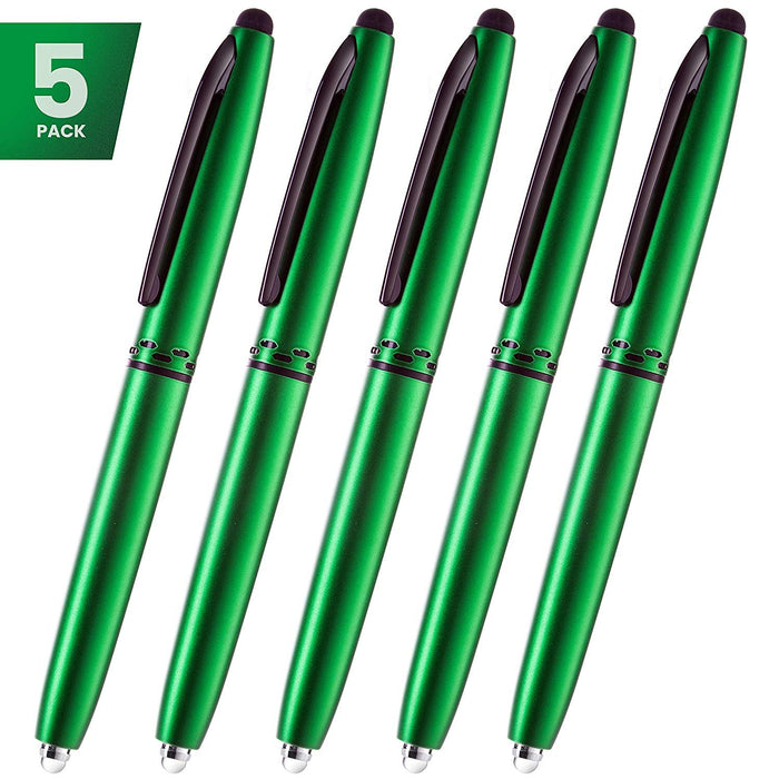 Stylus Pen- Capacitive Stylus, 3-in-1 Metal Pen, Multi-Function,Ballpoint Ink Pen,with LED Flashlight, for Touchscreen Devices, Tablets, iPads, iPhones, 5PK