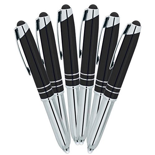 SyPen Stylus Pen for Touchscreen Devices, Tablets, iPads, iPhones, Multi-Function Capacitive Pen with LED Flashlight, Ballpoint Ink Pen, 3-in-1 Metal Pen, 6PK, Gunmetal