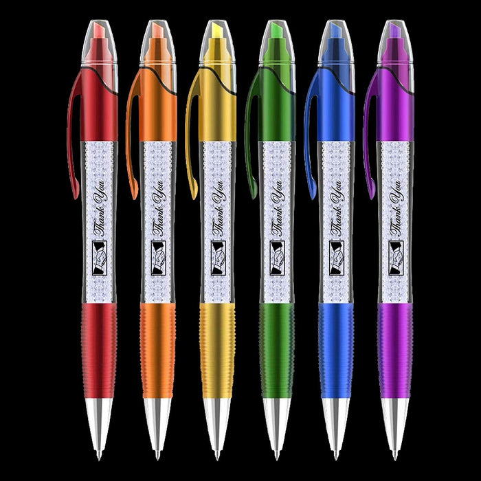 Thank You Greeting Gift Highlighter Pens- 2 in 1 Highlighter+ Ballpoint Pen barrel with crystals-, Multicolor 12 Pack