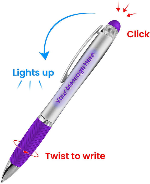 Customized Pens Bulk Free Laser Engraving - 3 In Ballpoint Pen, Stylus and Light Up Personalized Area - Custom Name, Logo or Gift Message -14 Pack Black with White Light - By Sypen
