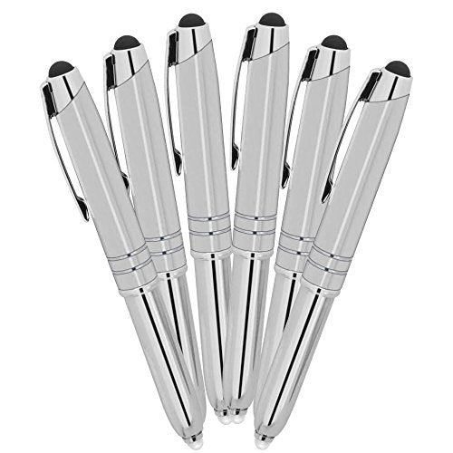 SyPen Stylus Pen for Touchscreen Devices, Tablets, iPads, iPhones, Multi-Function Capacitive Pen with LED Flashlight, Ballpoint Ink Pen, 3-in-1 Metal Pen, 6PK, Gunmetal