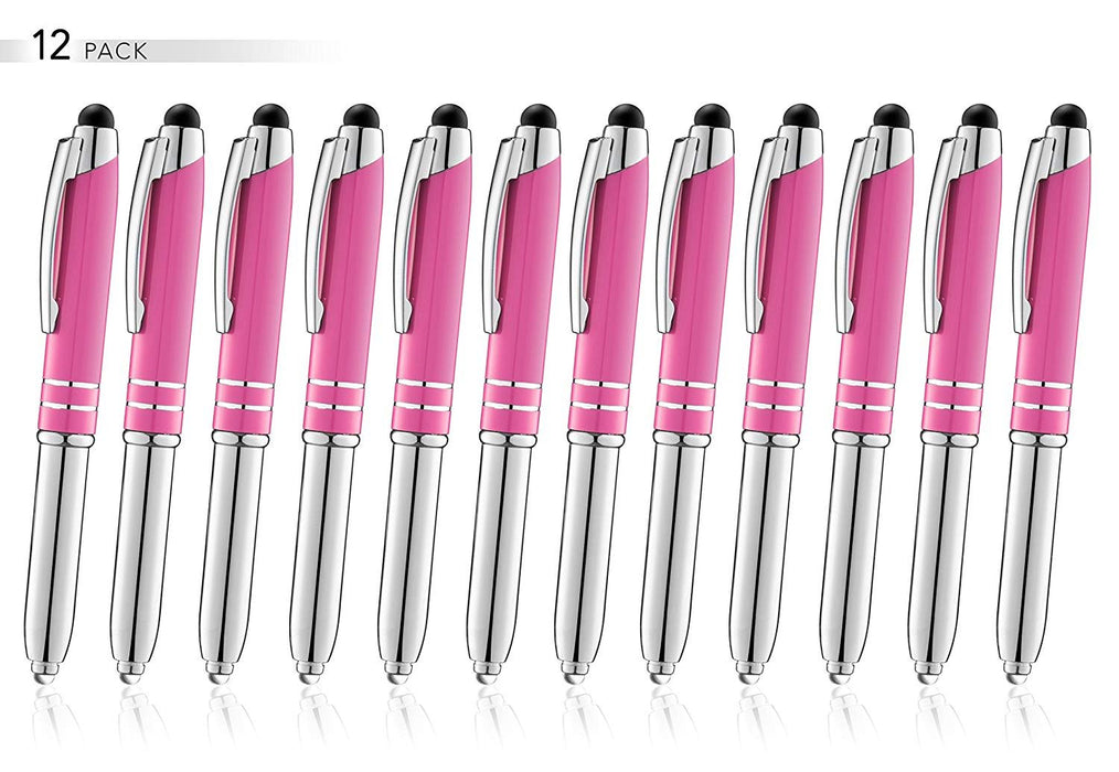 SyPen Stylus Pen for Touchscreen Devices, Tablets, iPads, iPhones, Multi-Function Capacitive Pen with LED Flashlight, Ballpoint Ink Pen, 3-in-1 Metal Pen, 12PK, Pink