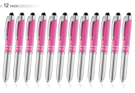 SyPen Stylus Pen for Touchscreen Devices, Tablets, iPads, iPhones, Multi-Function Capacitive Pen with LED Flashlight, Ballpoint Ink Pen, 3-in-1 Metal Pen, 12PK, Pink