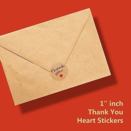 Thank You 1" Inch Roll Round Adhesive Sticker Labels with Red Love Hearts, Natural Paper Kraft, 1000 Stickers