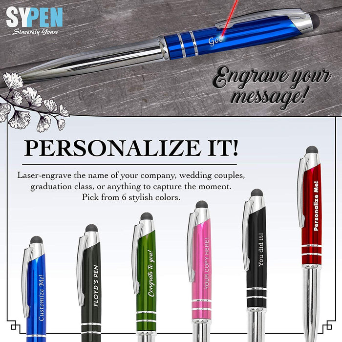 Green Custom Pen Stylus - Personalize and Customize Gifts and Branding with Free Laser Engraving - Multifunction Ballpoint Pen, Flashlight and Stylus for Tablets and Touchscreens – by SyPen