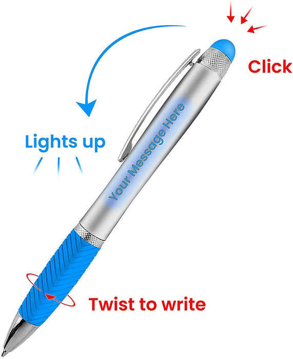 Customized Pens Bulk Free Laser Engraving - 3 In Ballpoint Pen, Stylus and Light Up Personalized Area - Custom Name, Logo or Gift Message -14 Pack Black with White Light - By Sypen
