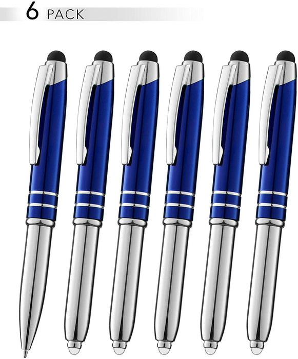 SyPen Stylus Pen for Touchscreen Devices, Tablets, iPads, iPhones, Multi-Function Capacitive Pen with LED Flashlight, Ballpoint Ink Pen, 3-in-1 Metal Pen, 6PK, Gunmetal