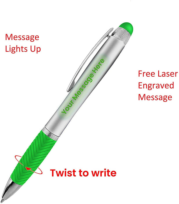 Customized Pens Bulk Free Laser Engraving - 3 In Ballpoint Pen, Stylus and Light Up Personalized Area - Custom Name, Logo or Gift Message -14 Pack Black with White Light - By Sypen