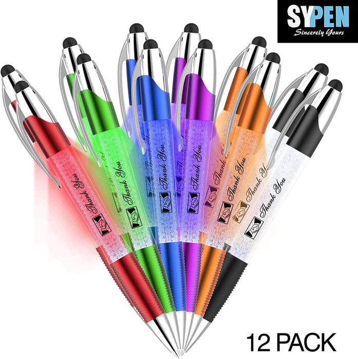 Thank You Greeting Gift Stylus Pens-Pen Lights up a Thank You Message- 3 in 1 Stylus+ Ballpoint Pen Barrel Filled with Crystals-Compatible with Most Phones and Touch Screen Devices, Multicolor 6 Pack