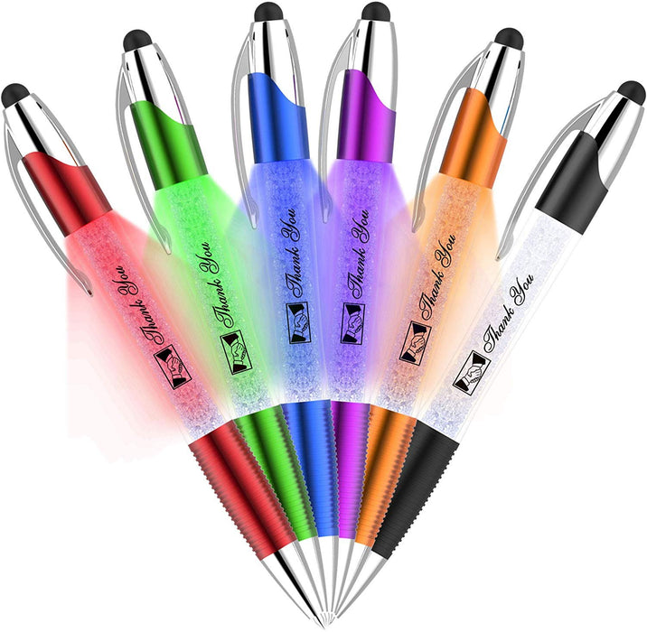 Thank You Greeting Gift Stylus Pens-Pen Lights up a Thank You Message- 3 in 1 Stylus+ Ballpoint Pen Barrel Filled with Crystals-Compatible with Most Phones and Touch Screen Devices, Multicolor 6 Pack