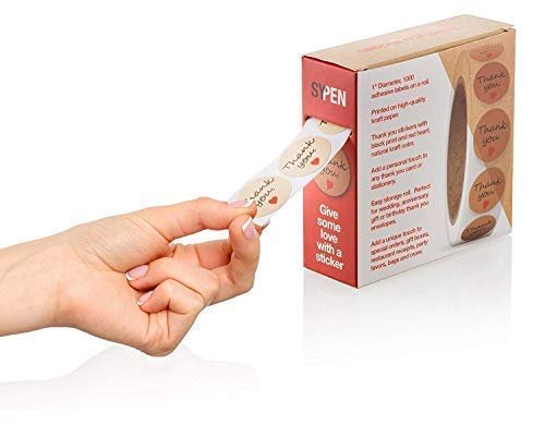 Thank You 1" Inch Roll Round Adhesive Sticker Labels with Red Love Hearts, Natural Paper Kraft, 1000 Stickers