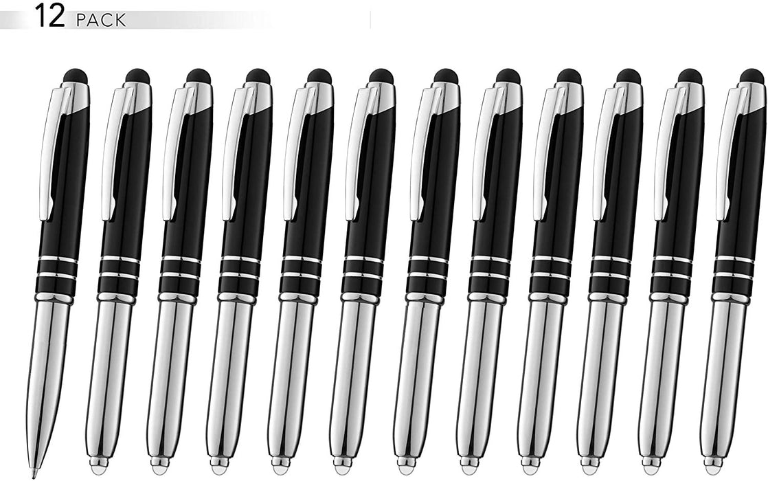 SyPen Stylus Pen for Touchscreen Devices, Tablets, iPads, iPhones, Multi-Function Capacitive Pen with LED Flashlight, Ballpoint Ink Pen, 3-in-1 Metal Pen, 12PK, Blue