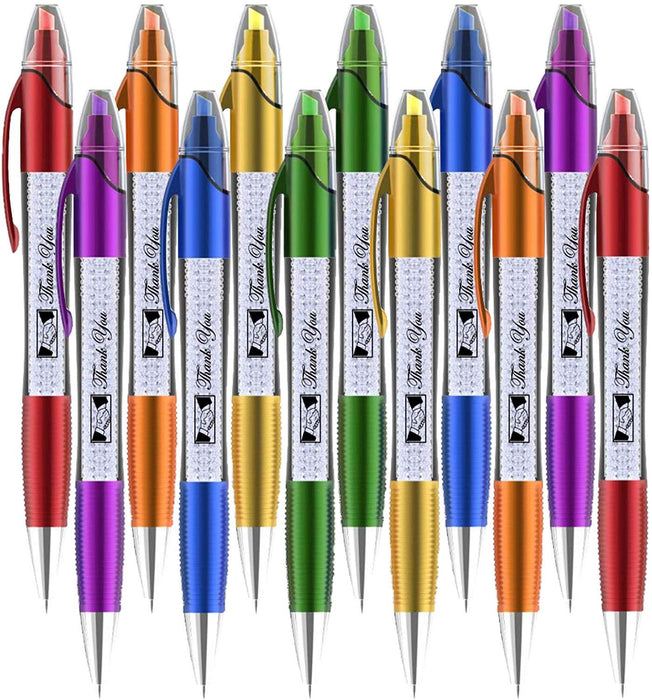 Thank You Greeting Gift Highlighter Pens- 2 in 1 Highlighter+ Ballpoint Pen barrel with crystals-, Multicolor 12 Pack