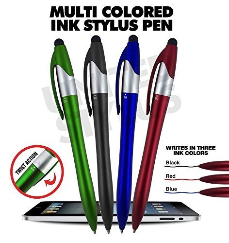 3 Color ink Ballpoint Pens and Stylus for Universal Touch screen Devices, Each pen writes in 3-Colors Ink(Black,Red,Blue) Pen Barrel colors,Red,Green, Blue, Orange,Lt. Blue and Black, By SyPen (12 Pack)