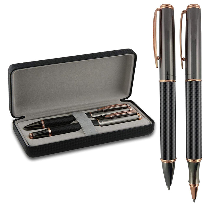 Roller & Ballpoint Pen Gift Box Set - Twist Action Metal Rollerball - Carbon Fiber Barrel Ball Point - Gift Box Included - by SyPen